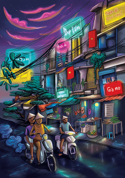 Vietnamese street scene art design digital art digital illustration digitaldrawing illustration streetscene