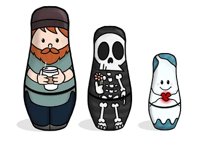 russian dolls. beard coffee design flower ghost heart hipster illustration matryoshka doll procreate russian doll skeleton skull