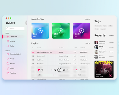 Apple Music Concept (Light theme) apple dashboard gradients music player playlist sidebar songlist ui ux