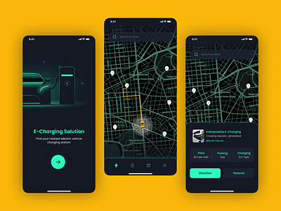 EV-charging station finder(dark mode) dark ui darkmode eccar evcar graphic design mobile screen mobile ui ui