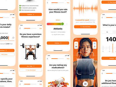sandow v2: AI Fitness & Nutrition App | Physical Assessment UI ai fitness app ai workout app assessment ui clean figma ui kit fitness assessment fitness mobile app fitness ui kit health assessment minimal modern nutrition app nutrition ui kit onboarding ui orange personalized fitness smart fitness smart workout wellness app workout app