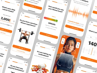 sandow v2: AI Fitness & Nutrition App | Physical Assessment UIUX ai fitness app ai workout app clean coaching app figma ui kit fitness assessment fitness companion app fitness mobile app fitness ui kit health assessment minimal modern nutrition app onboarding ui orange personalized fitness smart fitness smart workout wellness app workout app