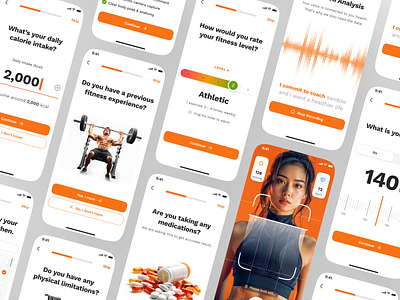 sandow v2: AI Fitness & Nutrition App | Physical Assessment UIUX ai fitness app ai workout app clean coaching app figma ui kit fitness assessment fitness companion app fitness mobile app fitness ui kit health assessment minimal modern nutrition app onboarding ui orange personalized fitness smart fitness smart workout wellness app workout app