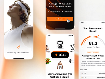 sandow v2: AI Fitness & Nutrition App | Assessment Result UIUX ai fitness app clean coaching app figma ui kit fitness assessment fitness companion app fitness mobile app fitness score fitness ui kit gradient minimal modern nutrition app onboarding ui orange personalized fitness smart fitness smart workout wellness app workout app