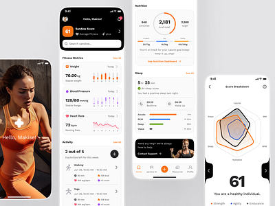 sandow v2: AI Fitness & Nutrition App | Home & Smart Metric UI ai fitness app ai fitness coach chart ui clean coaching app diet app figma ui kit fitness companion app fitness metric fitness mobile app fitness score fitness ui kit minimal modern orange personalized fitness smart fitness smart workout wellness app workout app