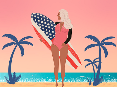 Girl with a surfboard_2 beautiful design flat girl graphic design illustration ocean palm summer surfboard surfer surfergirl vector