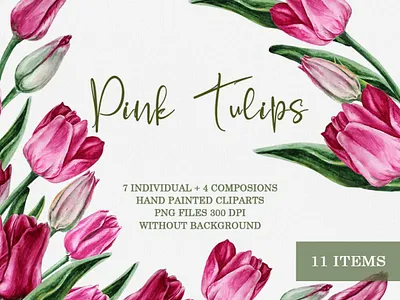 Pink Tulips Illustration art clip art composition design floral flower hand paintrd handmade illustration march nature pink plant poster sketch spring tulips watercolor