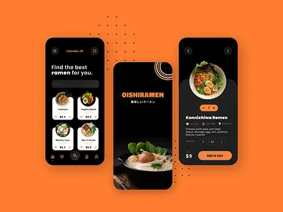 Oishiramen - Food Ordering Mobile App app dark mode design minimalist mobile simple ui