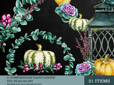 Falling season illustration art autumn cabbage cage calluna cauliflower clipart eucalyptus fall flower grey handmade handpainted illustration lighting mint pink thanksgiving vulgaris watercolor