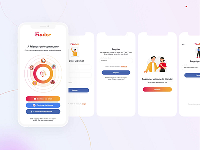 Social network app for finding friends by interests android animation app chat clean color design find friend gradient illustration ios minimal modern network orange search social ui ux