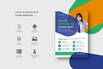 Covid-19 Protection Flyer Template Design 19 clinic colorful covid covid 19 covid 19 design flyer green healthcare hospital medical modern protection smart standard template vaccination