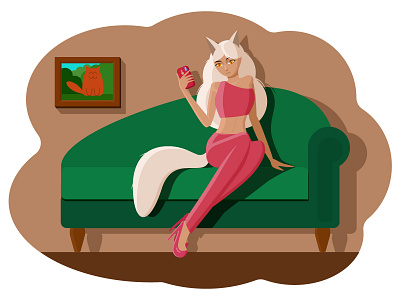 Relaxing :) cat catgirl cats illustration neko nekogirl picture smartphone sofa vector