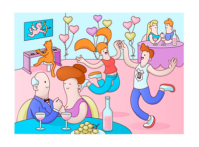 Valentine's day adobe illustrator balloons boyfriend cat musician character cupid dancing declaration of love fun girl graphic design holiday illustration lady lovers restaurant table valentines day vector wine