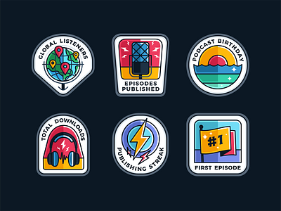 Transistor Badges achivements badge branding design icon icon set iconography illustration logo mark music patch platform podcast stickers stream streaming symbol typography vector