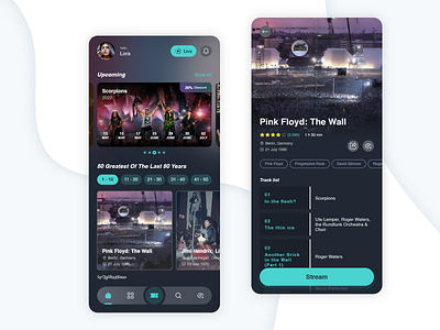 Concert adobexd appdesign behance concert dailyui dark dribbblers figma gfxmob graphicdesignui green live music pinkfloyd stream ui uidesign userexperience userinterface ux