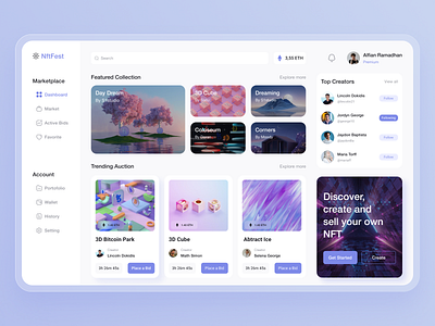 NftFest - NFT Dashboard abstract art bid coin crypto dashboard dashboard design design etherium illustration image market marketplace mockup nft nft dashboard nft market picture uiux web