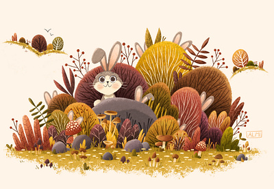 Count the wild bunnies! bunnies character design characters childrens illustration color cute illustration nature photoshop plants texture trees