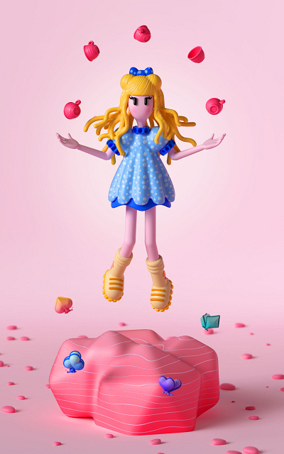 Alice 3d alice in wonderland blue c4d character cinema 4d cup cup of tea girl illustration modelling octane pink render woman