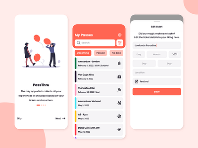 PassThru app app branding design event icons illustration pink red tickets ui visual