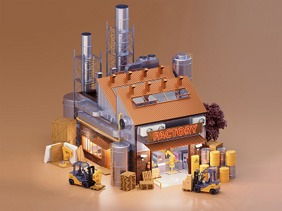 Small factory 3d architecture building chimney conveyor facade factory forklift graphic design house illustration industrial industry low poly plant robot robotic arm works