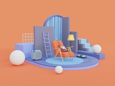 The secret place 3d 3d art app armchair blender c4d colorful electric guitar floor lamp furniture guitar icon illustration interior isometric modern render room ui ux