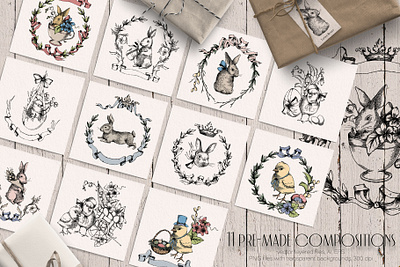 Vintage Easter collection cards design doodle greetings cards lineart logoretro logo retro collection retro easter retro illustrations surface design vector art vintage easter