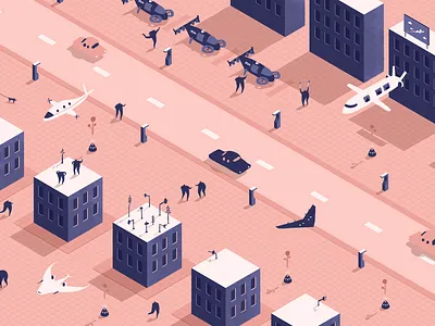 The Future of Aviation - CNN aviation buildings cards cities cnn colour editorial flight future futuristic gif illustration isometric people planes road space technology town travel