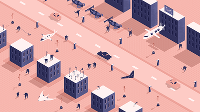 The Future of Aviation - CNN aviation buildings cards cities cnn colour editorial flight future futuristic gif illustration isometric people planes road space technology town travel