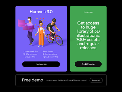 Purchase and Pro Access subscription interface 3d character 3d icon cards desktop landing pro access subscription