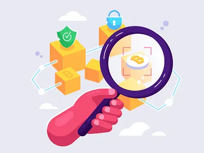 blockchain technology art bitcoin blockchain crypto cryptocurrency decentralized finance design economy financialtech flat giant graphic design hand huge illustration isometric magnifying glass money technology vector