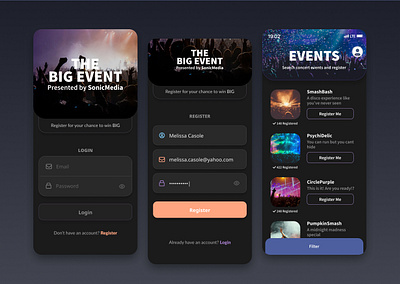 The Big Event Concert App concert figma login mobile register ui ux