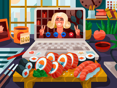 Online sushi bpn call colorful delivery design flat freelance illustration lunch online call online sushi painting puzzle sushi sushi at home sushi delivery vector