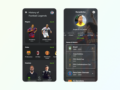 HOF adobexd appdesign behance club coach dailyui dark dribbblers football gfxmob graphicdesignui player ronaldinho soccer ui uidesign userexperience userinterface ux