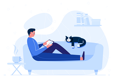 A man surfing the Internet on the sofa with cat blue cat character comfortable confort couch flat freelance home illustration internet lie man online phone relax rest sofa tablet vector