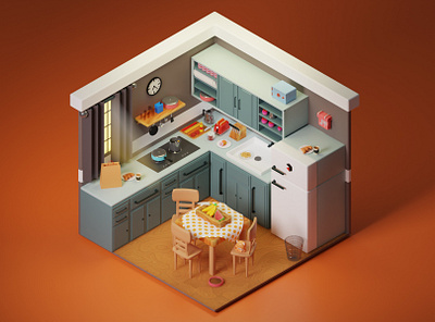 3D kitchen room 🧑‍🍳 3d blender branding cute design graphic design illustration illustrations kawaii kitchen library lowpoly modern resources trend ui