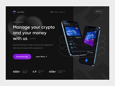 Crypto Wallet Hero Section bank bitcoin blur crypto cta dark theme digital bangking e money finance gradient hero section landing page noise rating social proof testimonial ui wallet web design website