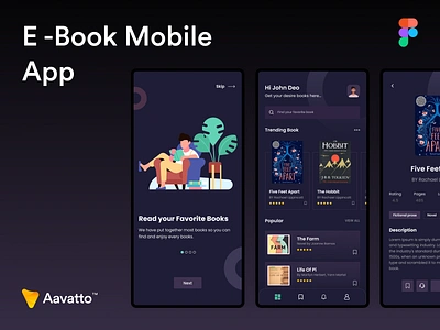 E-Book Mobile App aavatto android app book branding clean dark darktheme design ebookonline graphic design illustration ios minimal mobileapp mobileappdesign onlinebooklistening onlinebookreading ui vector