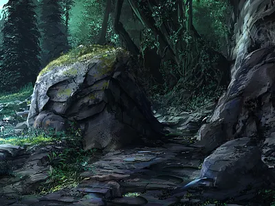 Boulder Pass boulder digital art environment forest landscape rocks trees