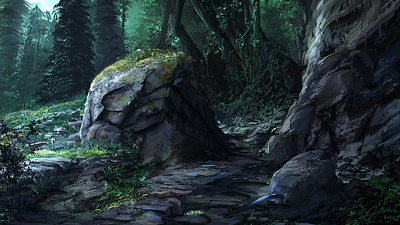 Boulder Pass boulder digital art environment forest landscape rocks trees