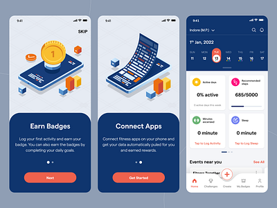 Fitness App adobe xd badges calendar challenges events exercise fitness fitness app health home illustration mobile app mobile app design onboarding sport stats thank you tracker ui design walkthrough