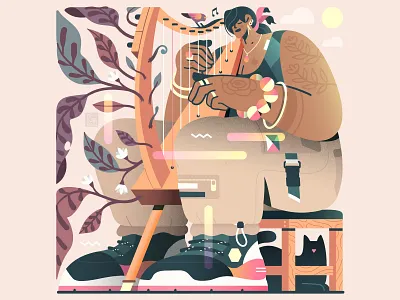 Birds, Plants & Music - The Harpist bird birds cat cats character fashion flat flower flowers illustration jewels leaf music musician nature shoes sneakers streetwear vector woman