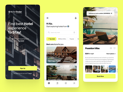 HotelFinder - Hotel Booking application black booking concept design flat design hotel minimal otel ui user interface ux villa white yellow