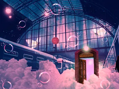 Bubble gate train station bookcover branding bubblegate butterfly clouds design dream fantasy art forest graphic design illusion illustration imagination kids magically miraculous mysterious photoshop reverie trainstation