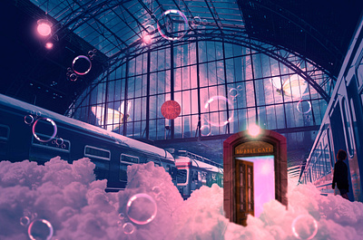 Bubble gate train station bookcover branding bubblegate butterfly clouds design dream fantasy art forest graphic design illusion illustration imagination kids magically miraculous mysterious photoshop reverie trainstation