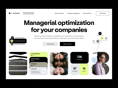 contracted: landing page, hero, identity, management branding collaboration consulting customer employee hero section landing page management organization organize performance product page service spans team teams tool web app web design webdesign