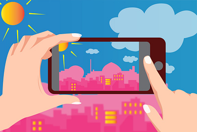 Mobile photography concept illustration city cityscape female hands illustration mobile mobile photo mobile photography panorama photo shooting smartphone