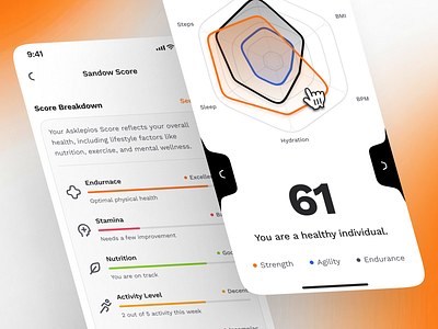 sandow v2: AI Fitness & Nutrition App | Smart Score Metrics UIUX ai fitness app ai workout app chart ui clean coaching app figma ui kit fitness companion app fitness metric fitness mobile app fitness score fitness ui kit health metrics minimal modern orange personalized fitness smart fitness smart workout wellness app workout app