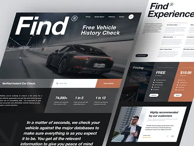 Find® - Vehicle History Check Landing Page b2c car car landing page car website cars clean design find car find vehicle landing page modern popular ui uiux unique vehicle vehicle landing page web design website