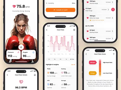 sandow v2: AI Fitness & Nutrition App | Heartrate Tracker UIUX ai fitness app ai workout app clean figma ui kit fitness companion app fitness mobile app fitness ui kit heart rate heartrate app heartrate monitor heartrate tracker app heartrate ui minimal modern nutrition app orange personalized fitness smart fitness smart workout workout app
