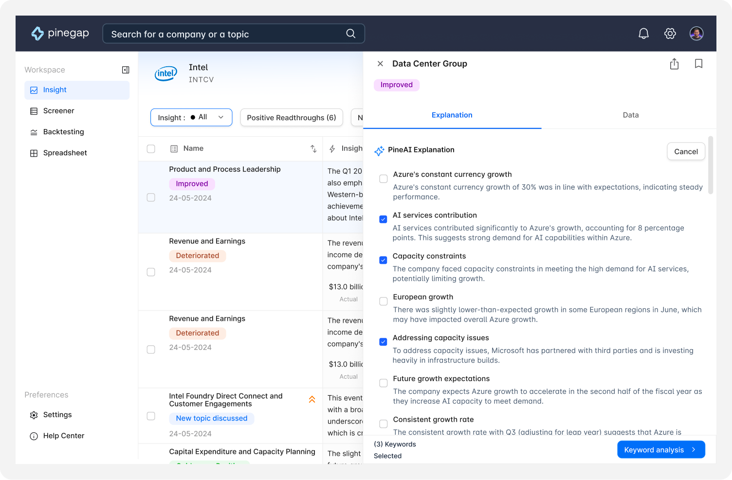 Pinegap ai chat dashboard finance fintech spreadsheet stock tool wallstreat